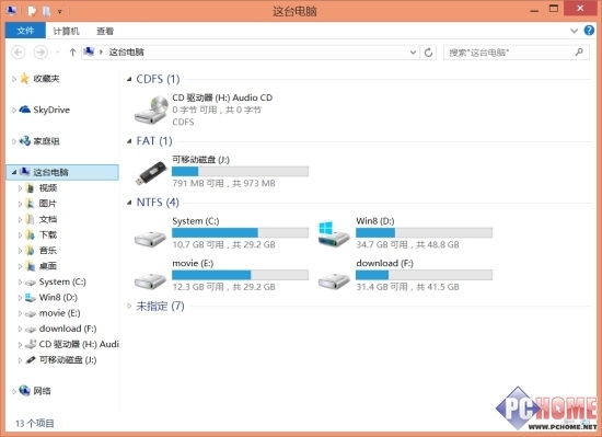 如何将U盘与Win8.1的所有混在一起的存储设备和驱动器分开显示